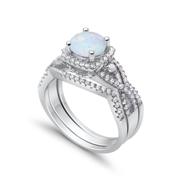 Trio Set Piece Wedding Ring Lab White Opal Round CZ 925 Sterling Silver
